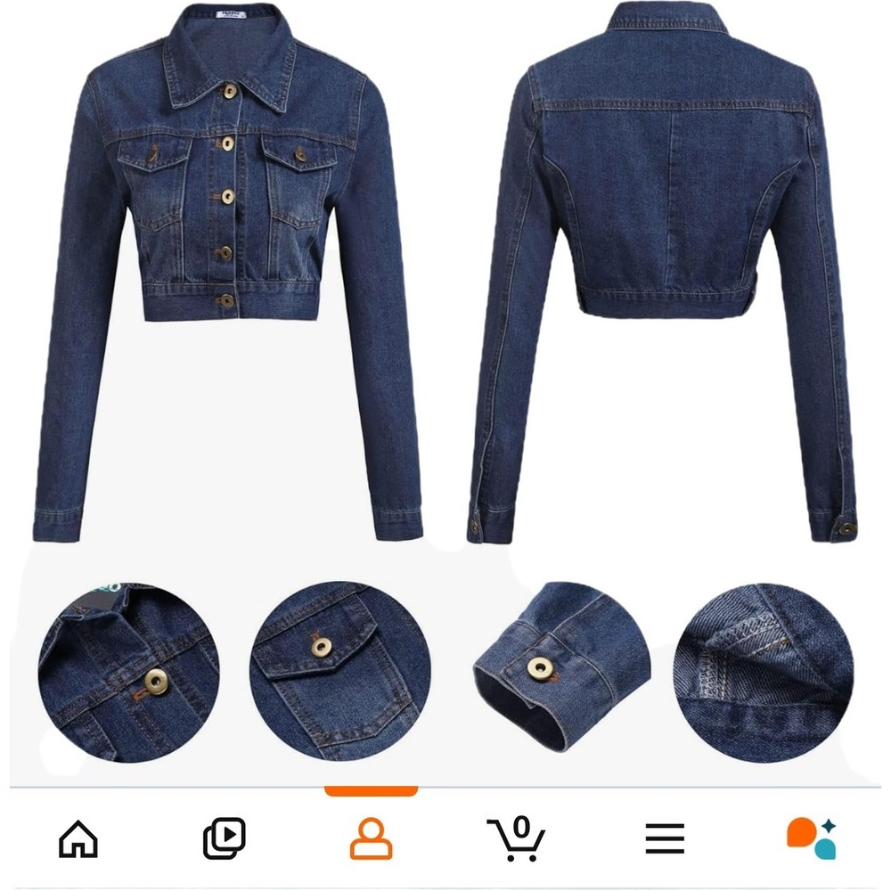 GRABSA Women's Button Down Long Sleeve Cropped Denim Jean Jacket Pockets - Picture 4 of 4